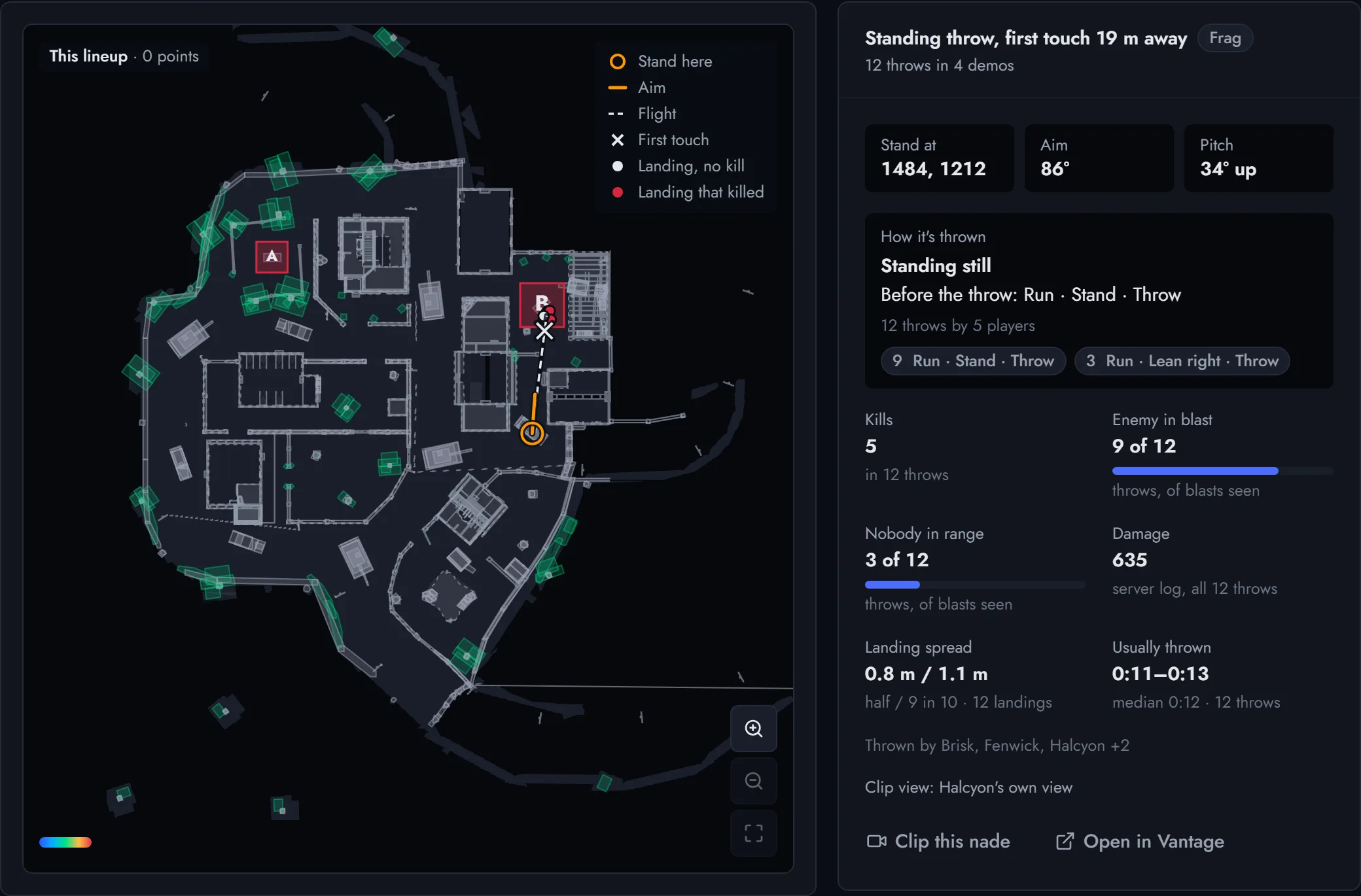 A frag lineup on Burgundy: where to stand, where to aim and where it lands at the B site, beside its kills, damage and how players throw it.