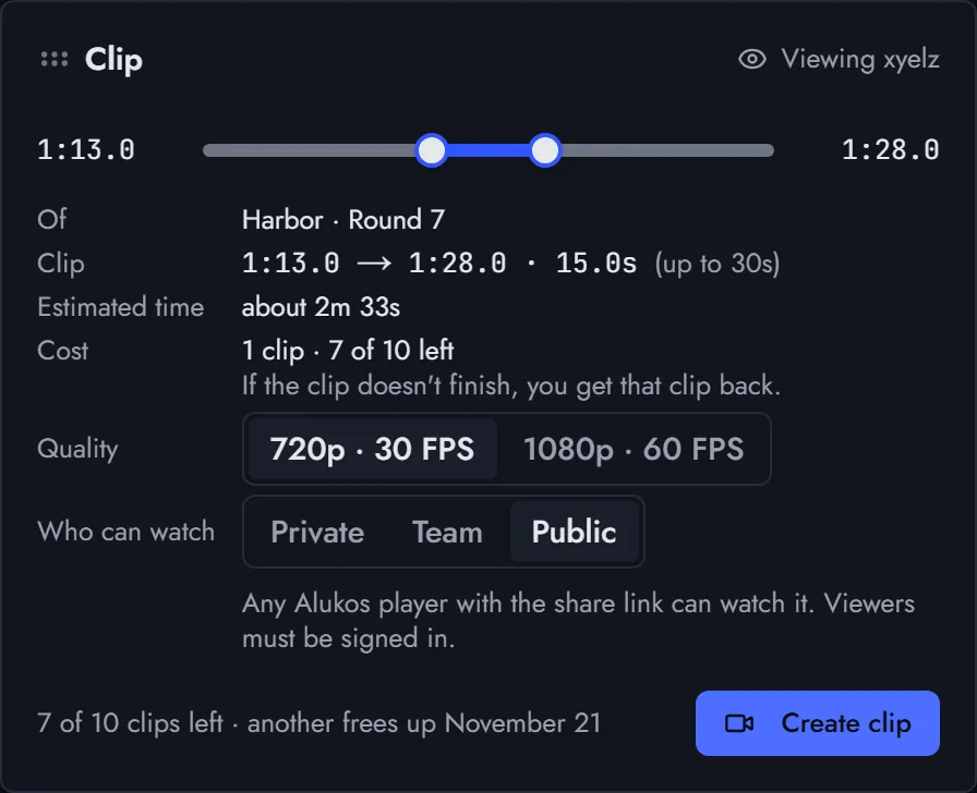 The Clip window in a Vantage replay: a slider for the clip's start and end, a quality choice of 720p 30 FPS or 1080p 60 FPS, and who can watch it: Private, Team or Public.