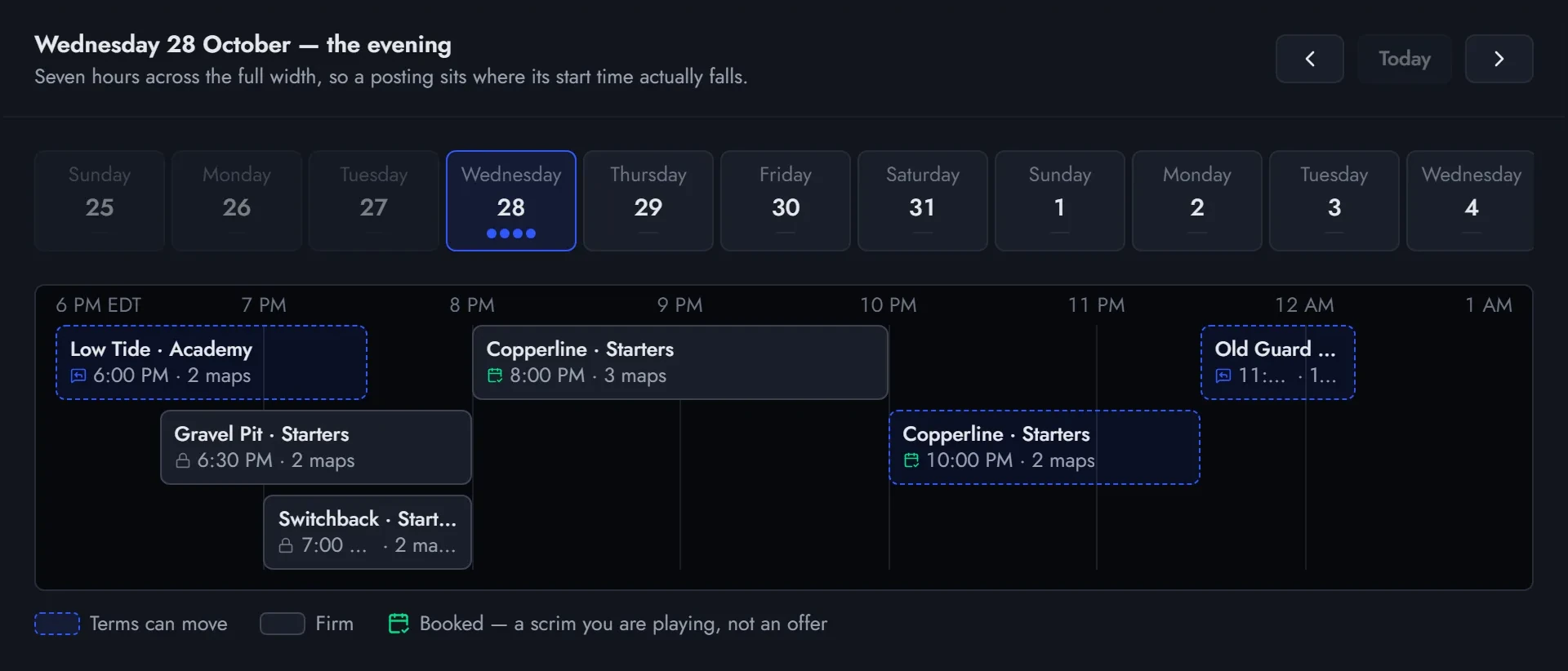 The scrim calendar for one evening: postings from six teams between 6 PM and 1 AM, two of them booked.